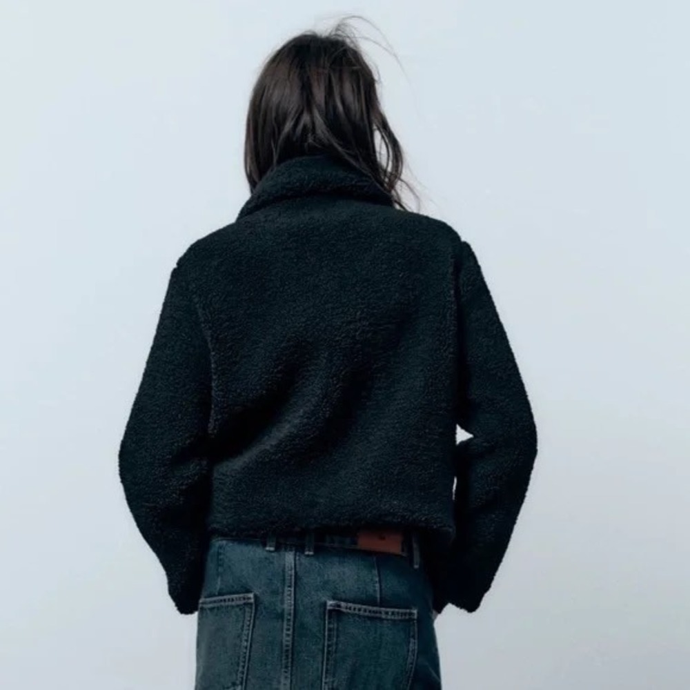 ZARA Black Sherpa Fuzzy Fleece Teddy Coat‎ Faux Shearling Snaps Pockets Small - Picture 9 of 16